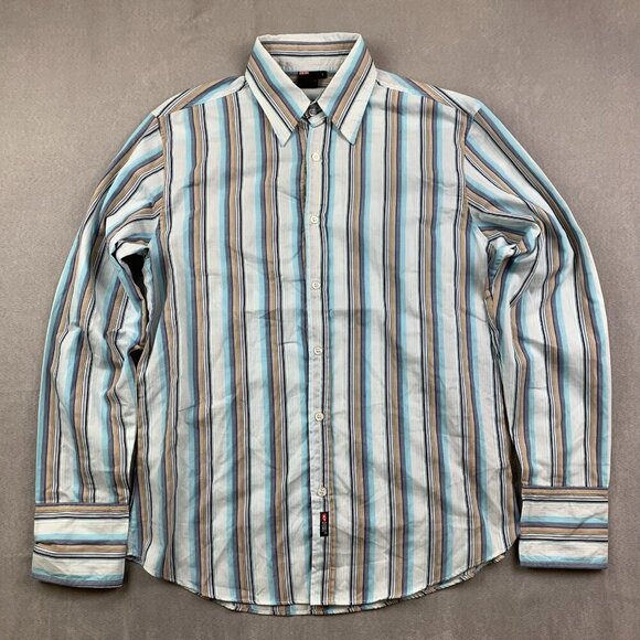 Diesel Mens Shirt Large White Blue Vertical Striped Button Up Long Sleeve - Picture 1 of 7